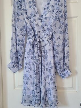 Light Blue Floral Tie-Waist Long Sleeve Wrap Dress